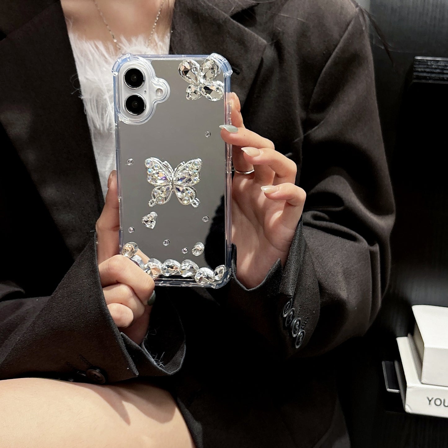 Diamond Mirror Butterfly Aesthetic Mobile Phone Case, Suitable for iPhone16 iPhone15 iPhone14 iPhone13 SAM S25/A16