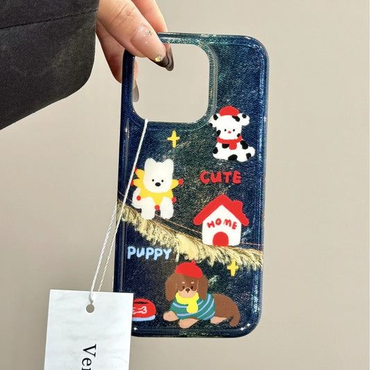 All-inclusive Double-layer Korean Denim Blue Small House Dog Cute Aesthetic Mobile Phone Case Suitable for iPhone16 iPhone15 iPhone14 iPhone13 with Phone Chain Pendant