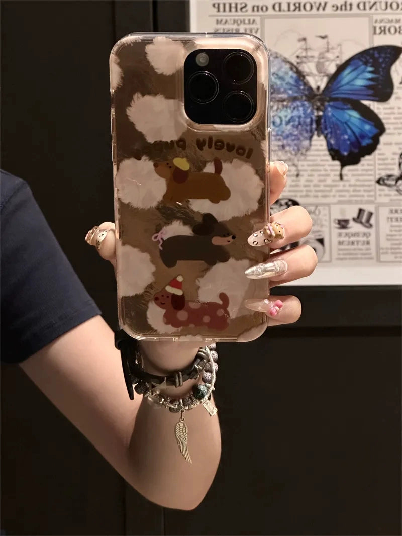 Tin Foil Pattern Dachshund Brown Cute Aesthetic Mobile Phone Case with Mobile Phone Chain Pendant Suitable for iPhone16 iPhone15 iPhone14 iPhone13