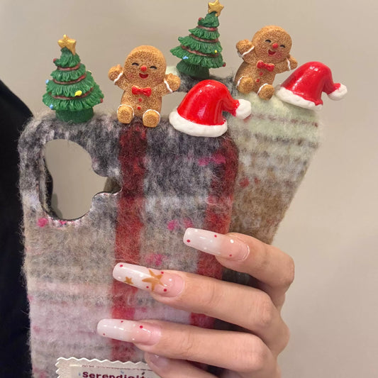 Plaid Three-dimensional Christmas Tree Gingerbread Man Cute Phone Case Suitable for iPhone16 iPhone15 iPhone14 iPhone13