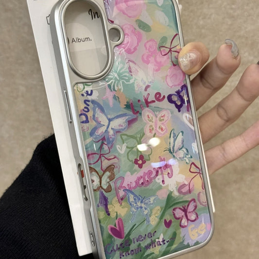 Oil Painting Graffiti Butterfly Color Aesthetics Electroplated Mobile Phone Case Suitable for iPhone16 iPhone15 iPhone14 iPhone13