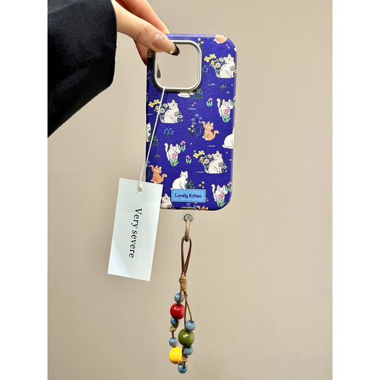 Cute Full Screen Flower Cat Blue Aesthetic Mobile Phone Case with Mobile Phone Chain Pendant Hand Rope Suitable for iPhone16 iPhone15 iPhone14 iPhone13