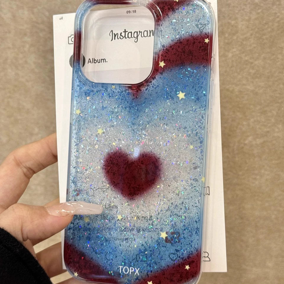 Red, Green, Blue Glitter, Love Star Aesthetic Mobile Phone Case, Suitable for iPhone16promax iPhone15pro iPhone14 iPhone13 Girl Mobile Phone Case