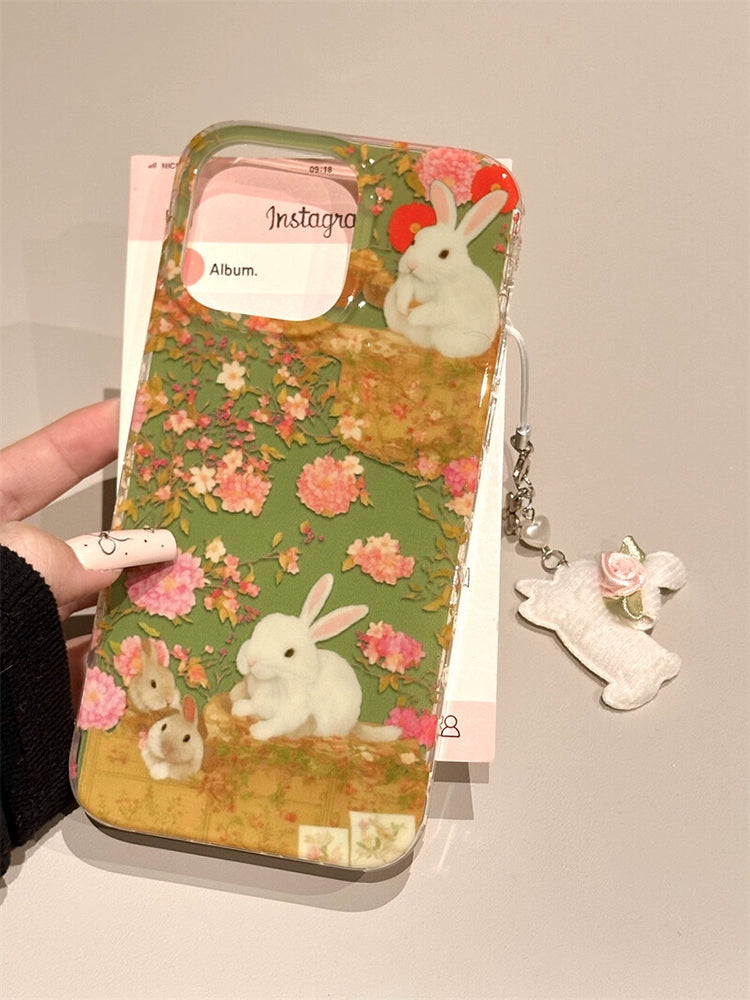 Pastoral Style Cartoon Green Background Floral Bunny Garden Cute Aesthetic Mobile Phone Case with Mobile Phone Chain Pendant Suitable for iPhone16 iPhone15 iPhone14 iPhone13