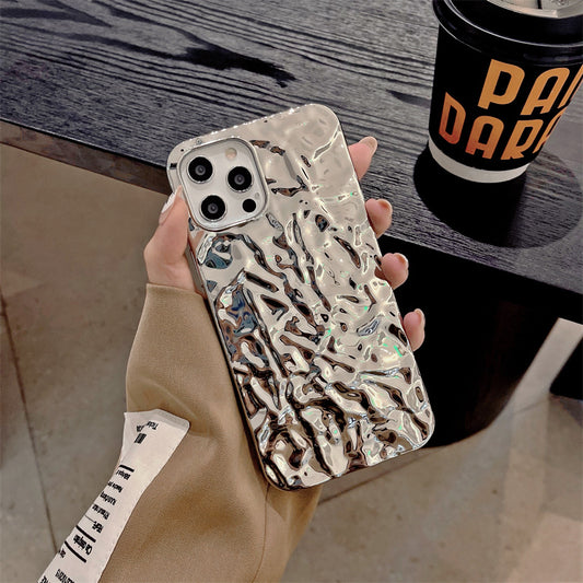 Silver Glossy Crepe Corrugated Phone Case Suitable for iPhone16 iPhone15 iPhone14 iPhone13