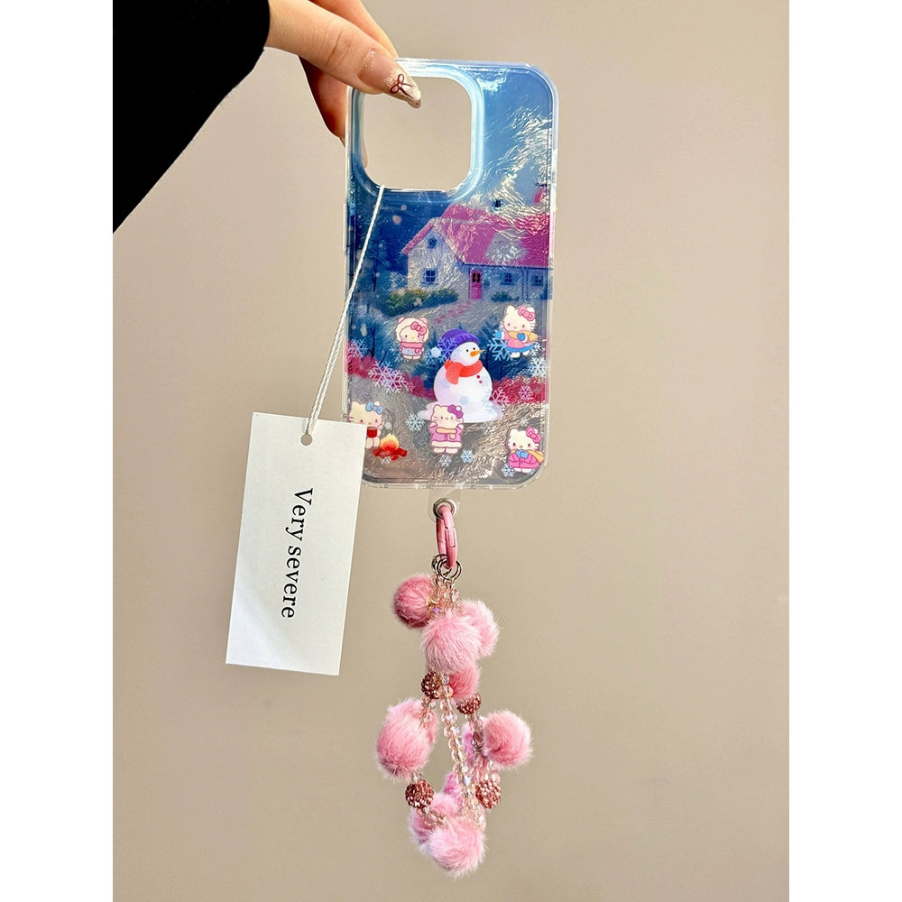 Cute Pink House Snowman Cat Cat Snowflake Hairball Chain Aesthetic Phone Case Suitable for iPhone16 iPhone15 iPhone14 iPhone13