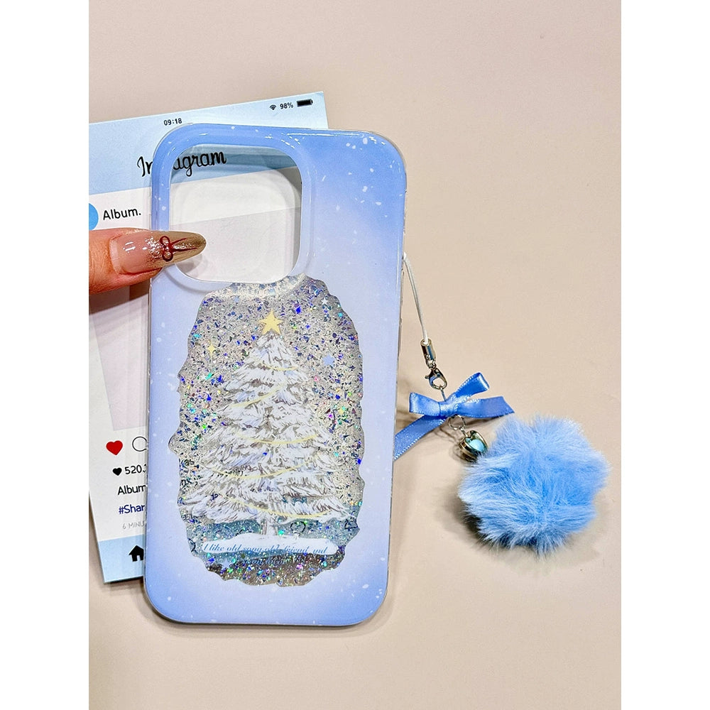 Sequin Glitter Christmas Tree Three-dimensional Snowflake Hairball Mobile Phone Case with Mobile Phone Chain Pendant Suitable for iPhone16 iPhone15 iPhone14 iPhone13