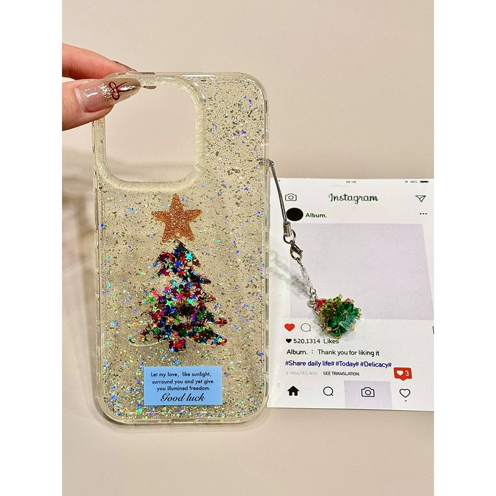 Sequined Double-layer Three-dimensional Star Christmas Tree Mobile Phone Case with Mobile Phone Chain Pendant Suitable for iPhone16 iPhone15 iPhone14 iPhone13