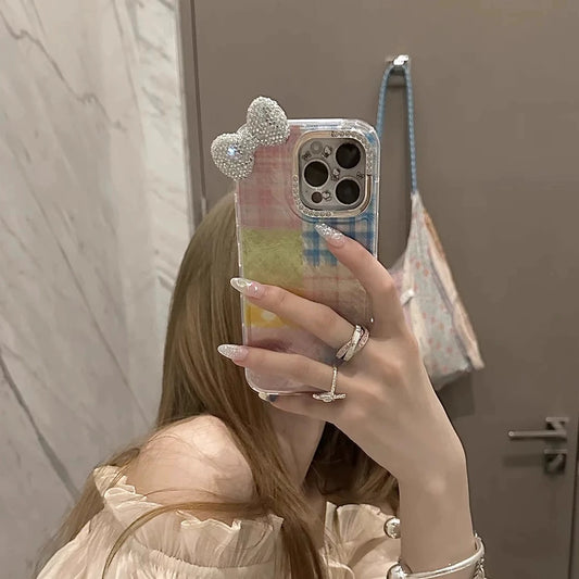 Tin Foil Pattern Splicing Contrasting Color Plaid Three-dimensional Bow Cute Sweet Aesthetic Mobile Phone Case Suitable for iPhone16 iPhone15 iPhone14 iPhone13