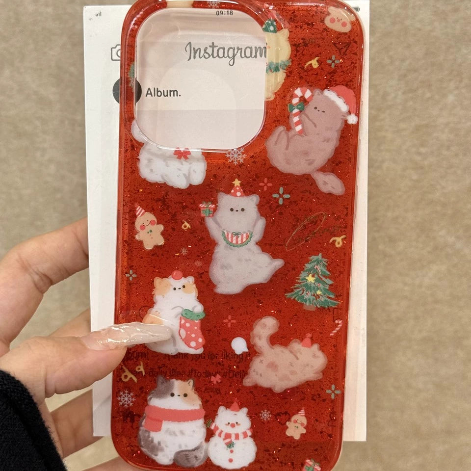 Red Glitter Cat Christmas Tree Gingerbread Man Aesthetic Phone Case Suitable for iPhone16 iPhone15 iPhone14 iPhone13