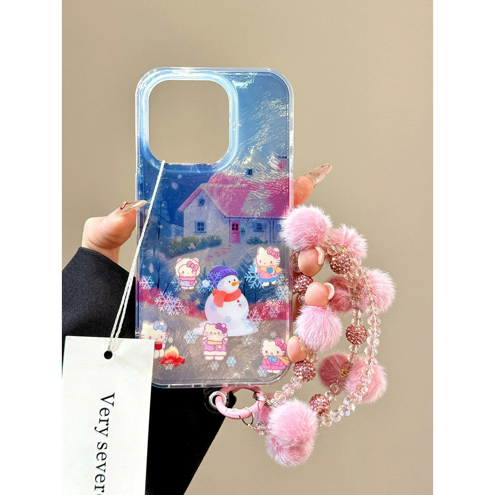 Cute Pink House Snowman Cat Cat Snowflake Hairball Chain Aesthetic Phone Case Suitable for iPhone16 iPhone15 iPhone14 iPhone13