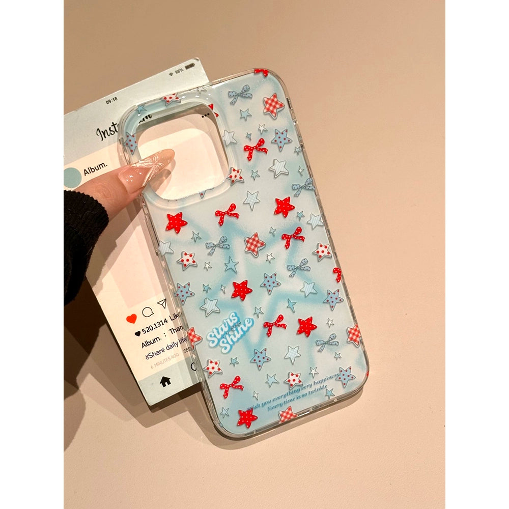 Blue Bottom Bow Star Cute Phone Case Suitable for iPhone16 iPhone15 iPhone14 iPhone13