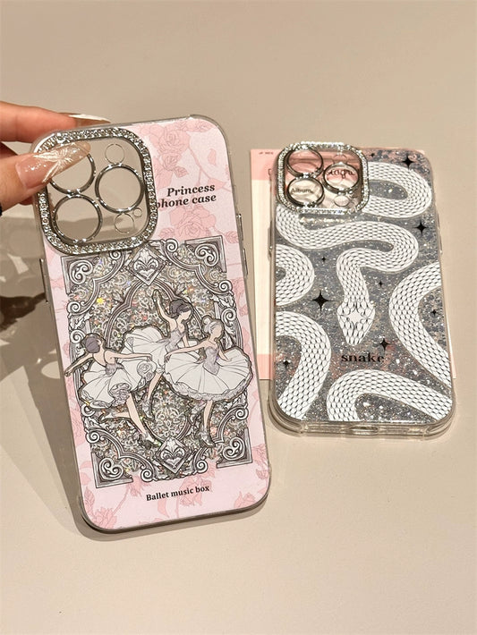 Vintage Glitter Snake Pink Floral Ballet Girl Aesthetic Phone Case Suitable for iPhone16 iPhone15 iPhone14 iPhone13