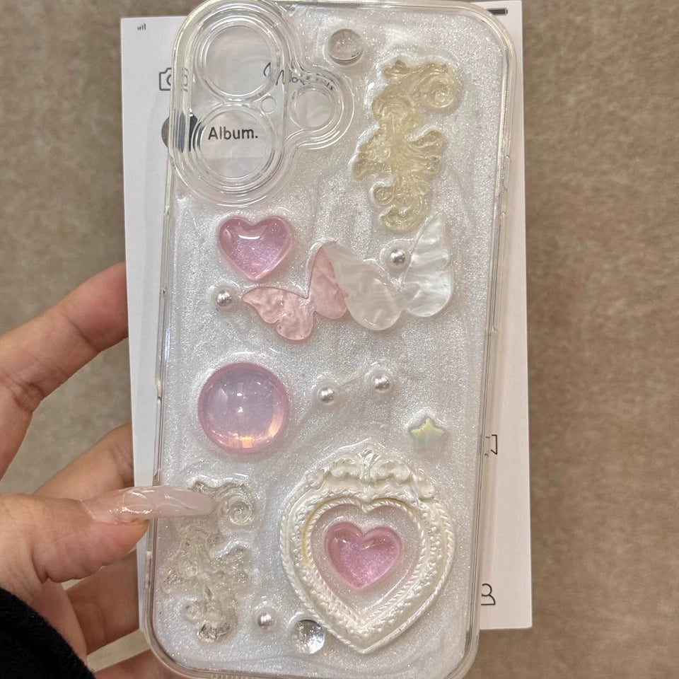 Epoxy Love Butterfly White Aesthetic Mobile Phone Case, Clean and Sweet Girl Mobile Phone Case Suitable for iPhone16 iPhone15 iPhone14 iPhone13