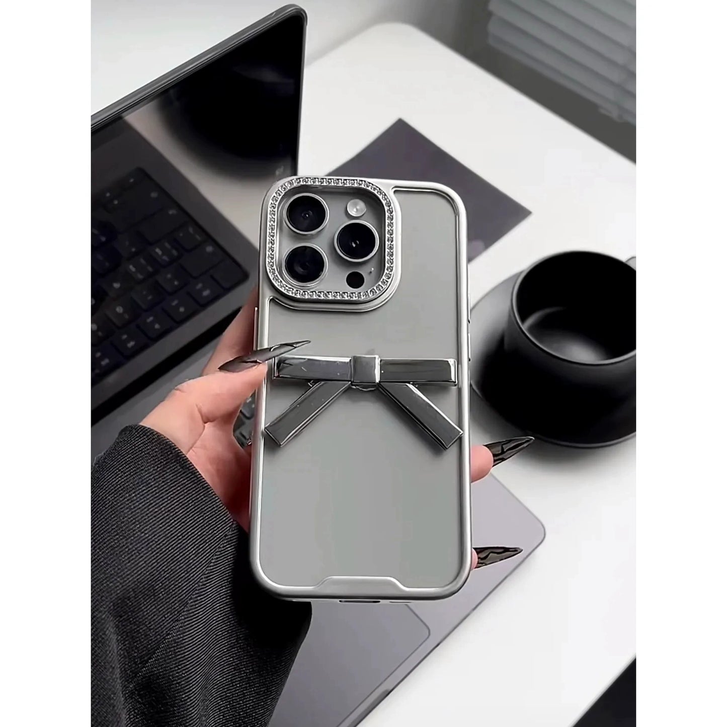 Transparent Silver Three-dimensional Electroplated Bow Aesthetic Mobile Phone Case Suitable for iPhone16 iPhone15 iPhone14 iPhone13