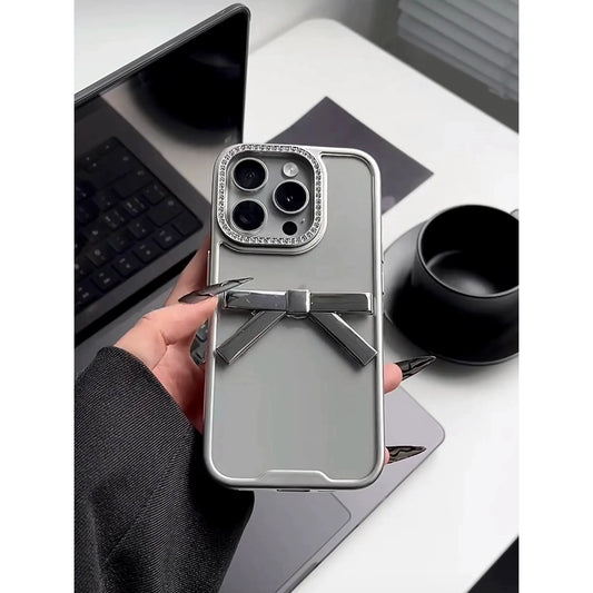 Transparent Silver Three-dimensional Electroplated Bow Aesthetic Mobile Phone Case Suitable for iPhone16 iPhone15 iPhone14 iPhone13