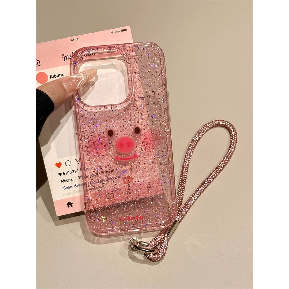 Cute Transparent Pink Sequined Piggy Emoji Phone Case with Lanyard Suitable for iPhone16 iPhone15 iPhone14 iPhone13