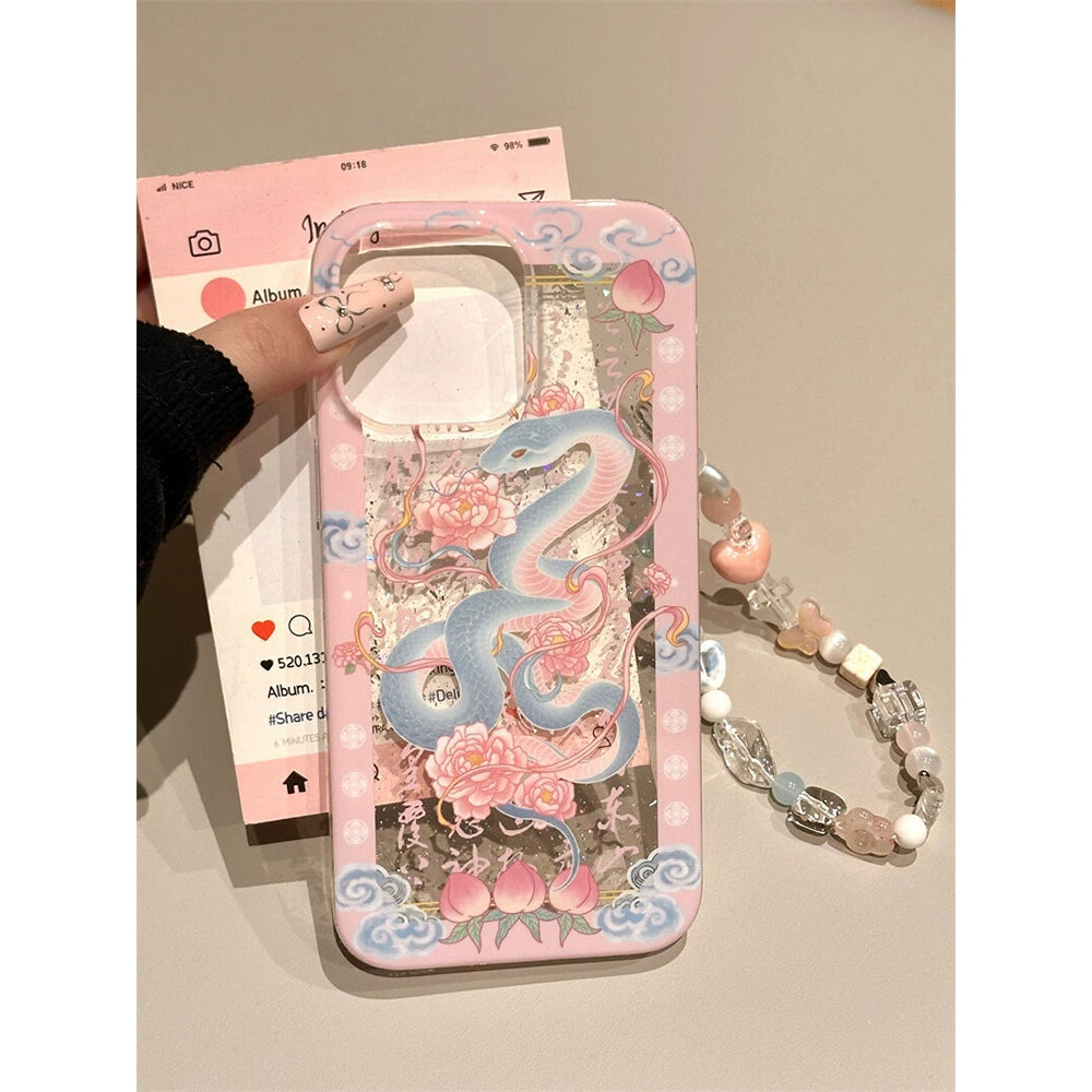 Pink Peach Lotus Snake Lucky Aesthetic Mobile Phone Case with Mobile Phone Chain Pendant Suitable for iPhone16 iPhone15 iPhone14 iPhone13