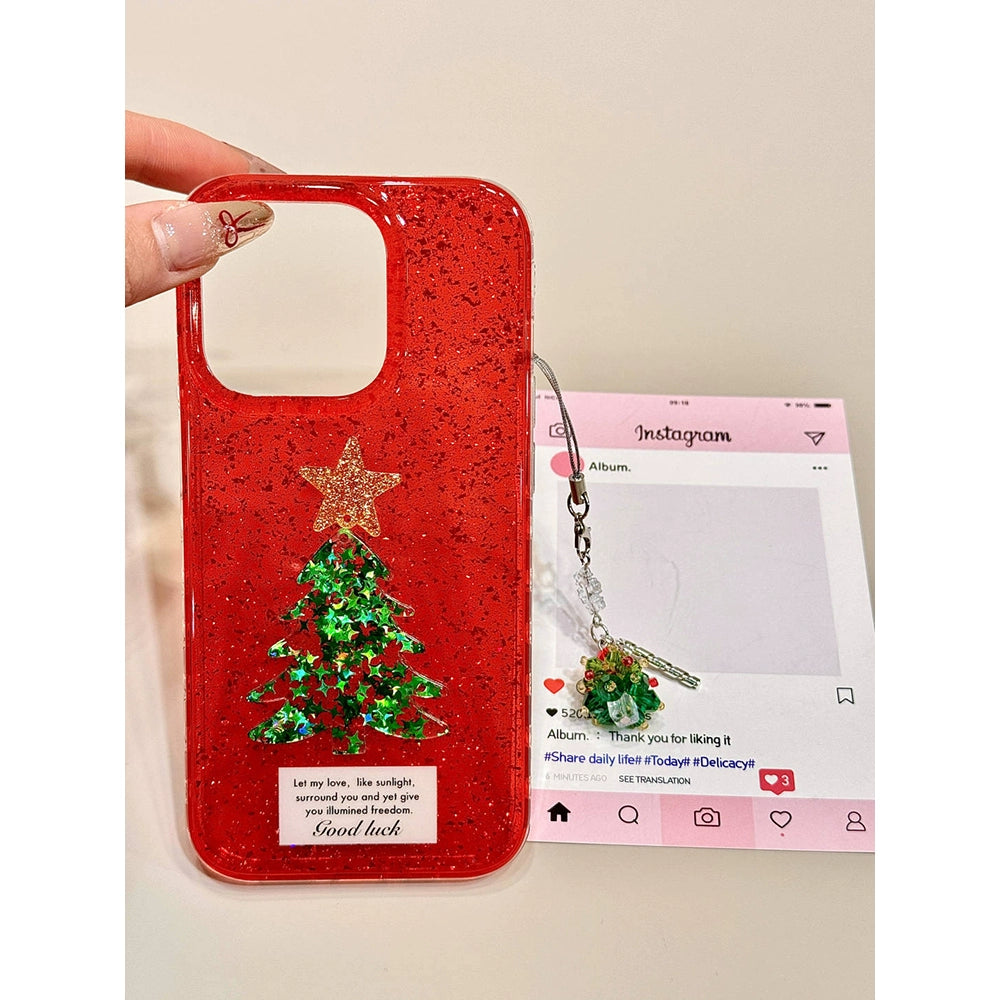 Sequined Double-layer Three-dimensional Star Christmas Tree Mobile Phone Case with Mobile Phone Chain Pendant Suitable for iPhone16 iPhone15 iPhone14 iPhone13