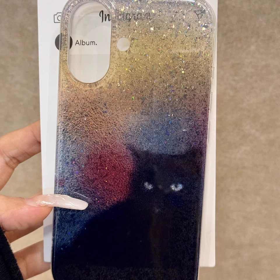 Translucent Glitter Black Cat Dream Aesthetic Mobile Phone Case Suitable for iPhone16 iPhone15 iPhone14 iPhone13