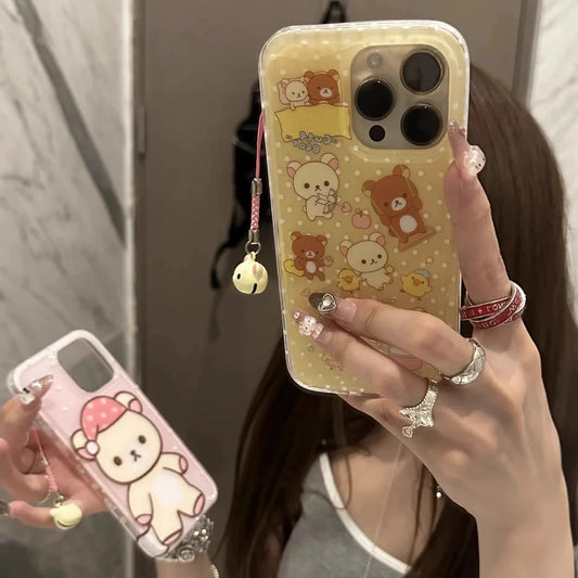 Cute Cartoon Bear Yellow Pink Mobile Phone Case with Mobile Phone Rope Bell Pendant Suitable for iPhone16 iPhone15 iPhone14 iPhone13