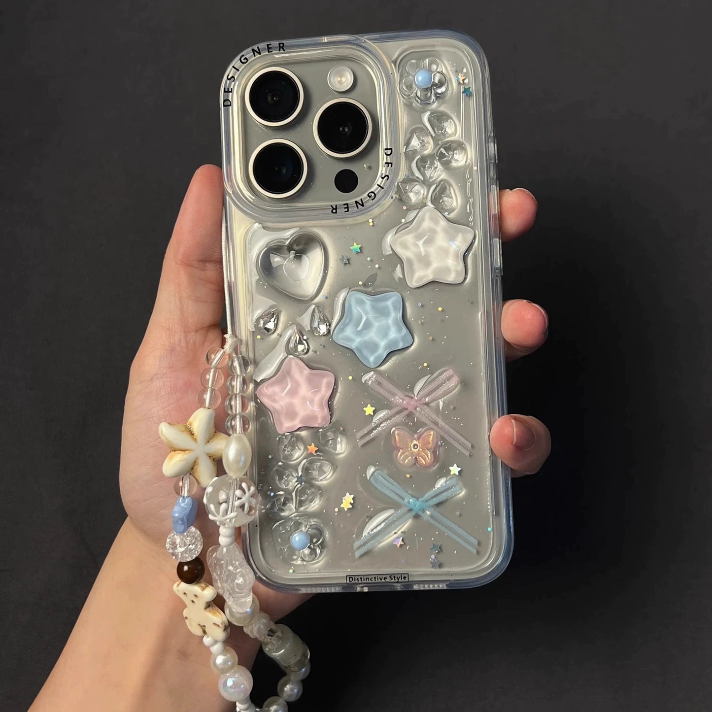 Transparent Epoxy Three-dimensional Star Bow Cute and Sweet Aesthetic Mobile Phone Case with Mobile Phone Chain Pendant Suitable for iPhone16 iPhone15 iPhone14 iPhone13