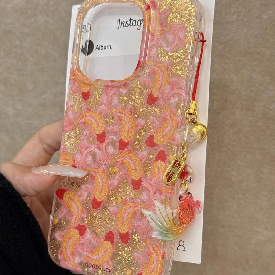 Translucent Koi Goldfish Glitter Lucky Gold Aesthetic Mobile Phone Case with Mobile Phone Chain Pendant Suitable for iPhone16 iPhone15 iPhone14 iPhone13