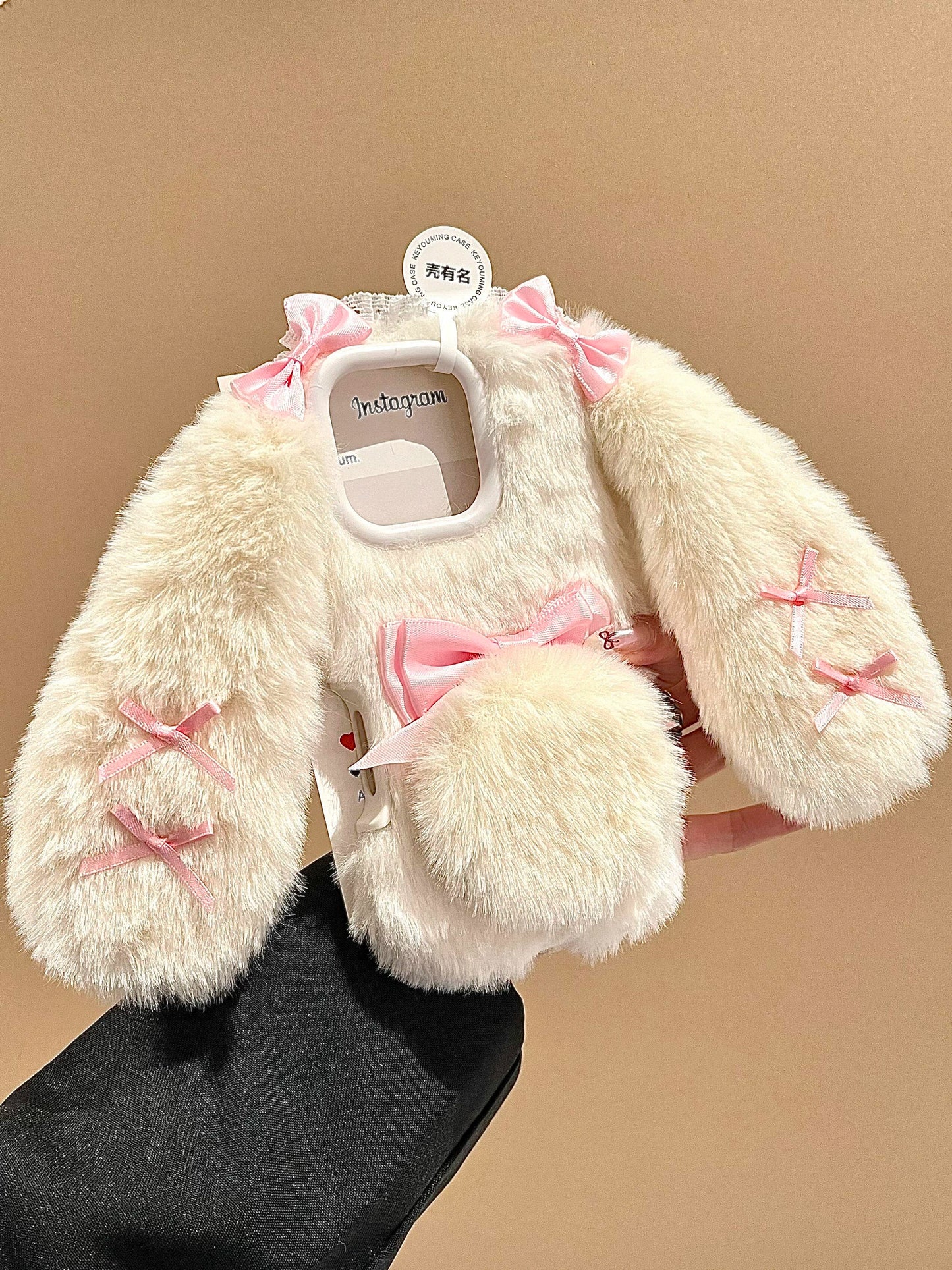 Cute Plush Big-eared Rabbit Three-dimensional Bow Phone Case Suitable for iPhone16 iPhone15 iPhone14 iPhone13