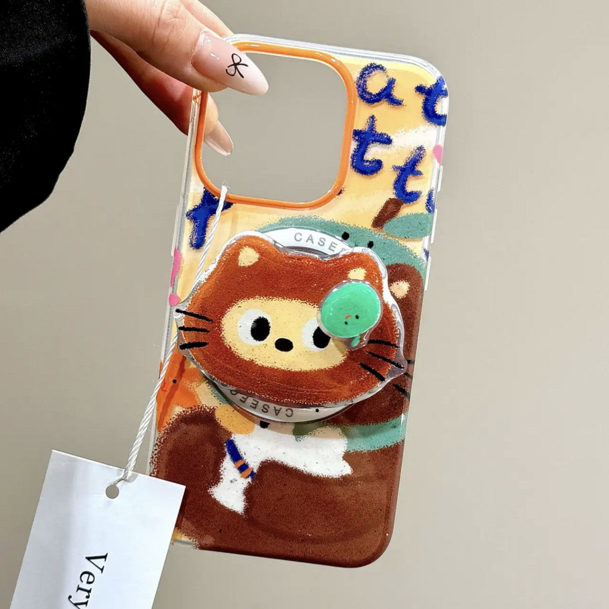 Cute Graffiti Hug Duck Bear Aesthetic Mobile Phone Case with Magnetic Bracket Suitable for iPhone16 iPhone15 iPhone14 iPhone13