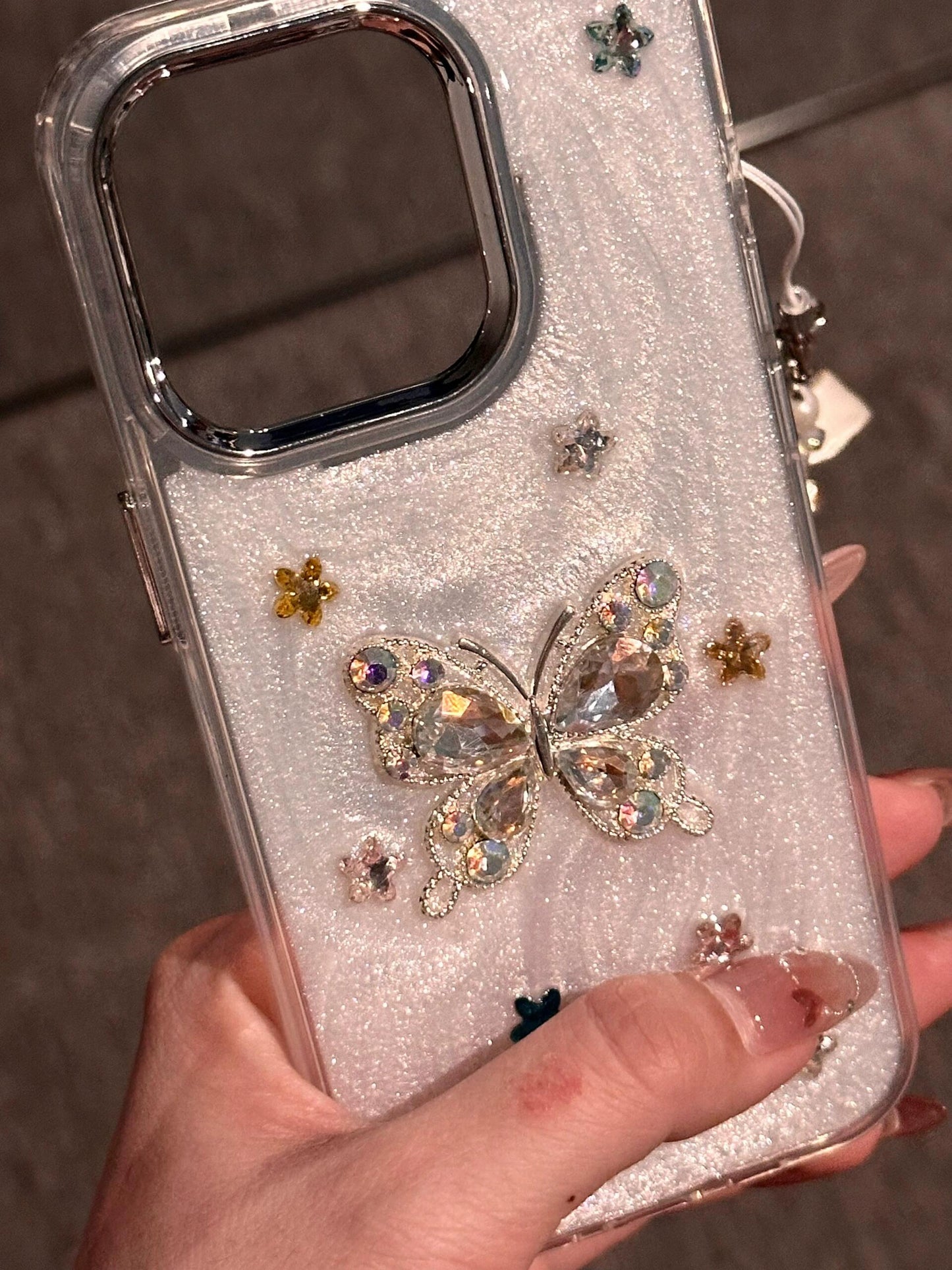 Shiny Rhinestone Three-dimensional Butterfly Snowflake Epoxy Aesthetic Mobile Phone Case with Bow Pearl Mobile Phone Chain Pendant Suitable for iPhone16 iPhone15 iPhone14 iPhone13