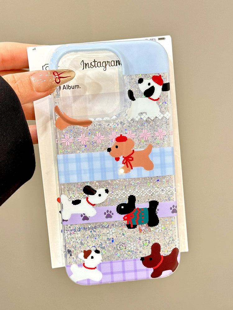 Sequins Glitter Pink and Blue Plaid Multiple Dogs Mosaic Cute Phone Cases Suitable for iPhone16 iPhone15 iPhone14 iPhone13