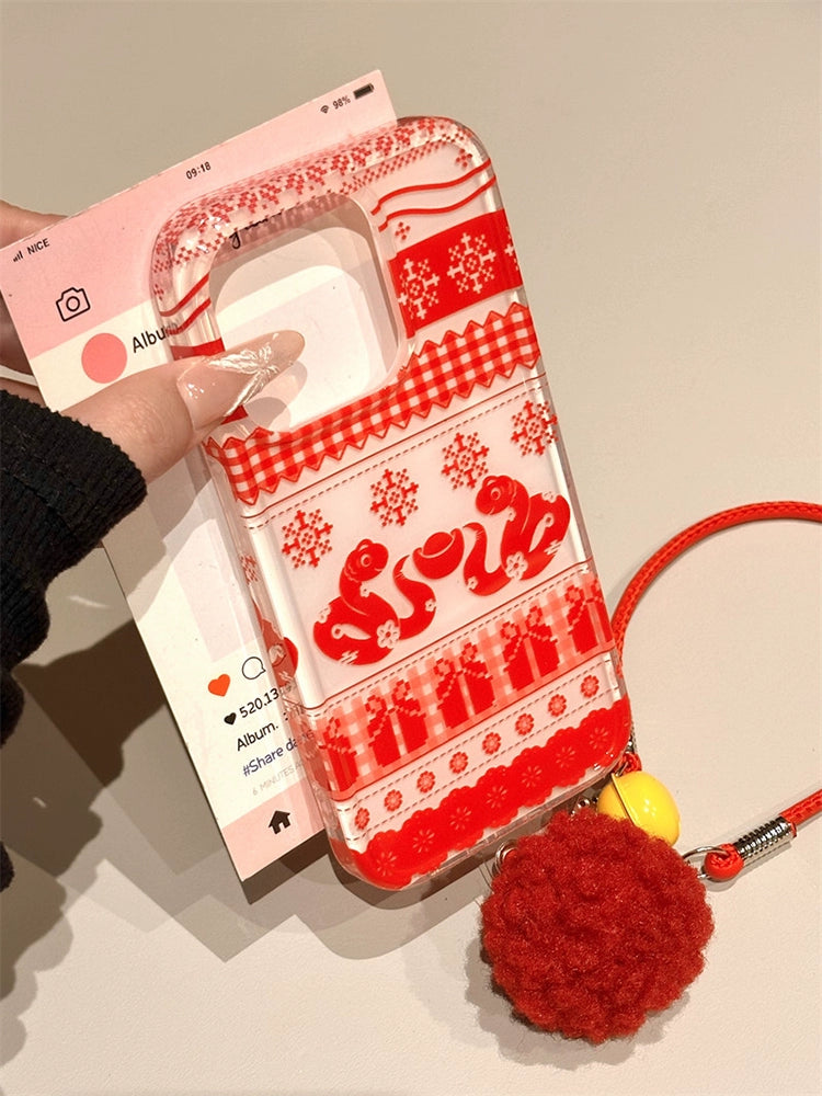 Red Background Snowflake Ingot Snake Lucky Phone Case Suitable for iPhone16 iPhone15 iPhone14 iPhone13