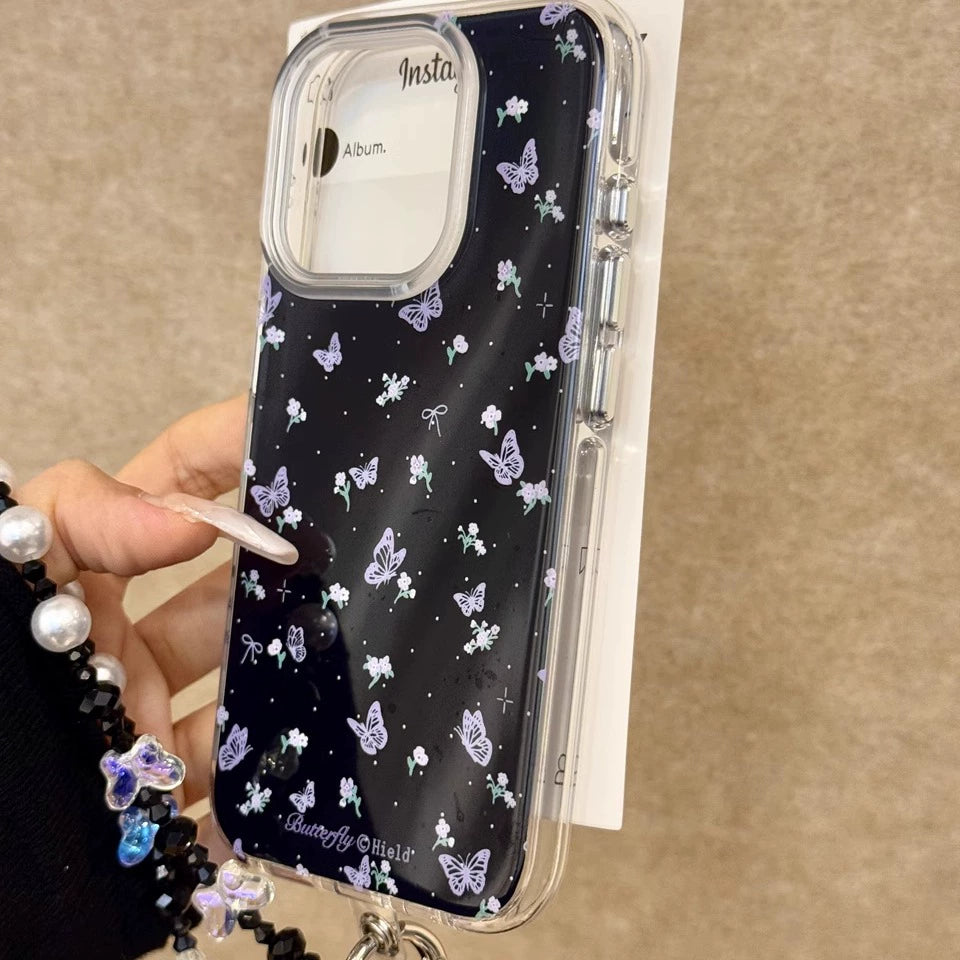 Korean Polka Dot Purple Butterfly Black Background Art Aesthetics Mobile Phone Case with Mobile Phone Chain Pendant, Soft and Sweet Girl Suitable for iPhone16 iPhone15 iPhone14 iPhone13