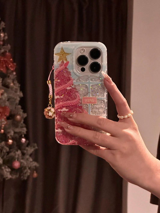 Beautiful Window Pink Snake Christmas Tree Glitter Aesthetic Mobile Phone Case Suitable for iPhone16 iPhone15 iPhone14 iPhone13