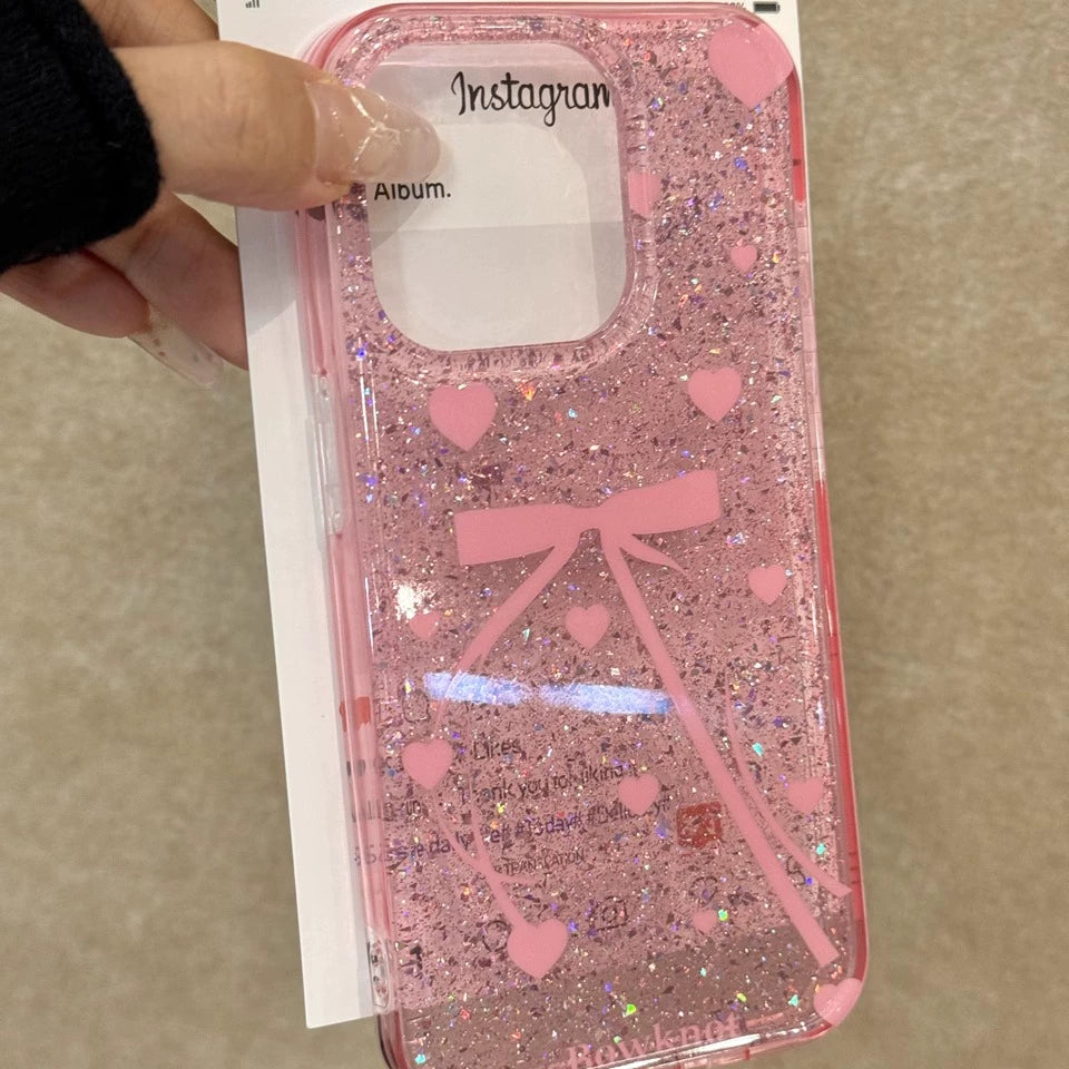 Girl Pink Translucent Bow Love Glitter Aesthetic Mobile Phone Case Coquette Suitable for iPhone16 iPhone15 iPhone14 iPhone13