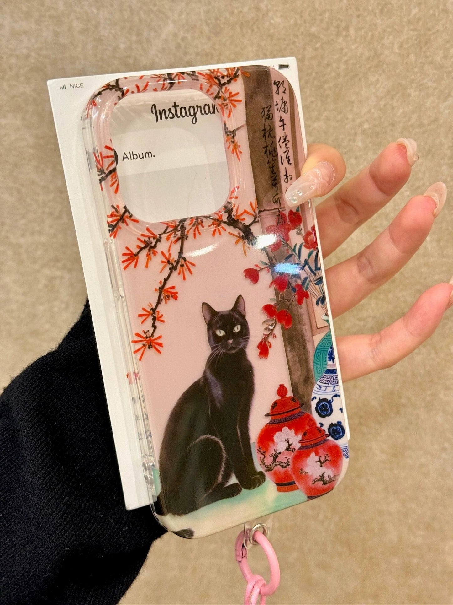 Chinese Style Text Black Cat Ceramic Aesthetic Mobile Phone Case with Mobile Phone Chain Pendant Suitable for iPhone16 iPhone15 iPhone14 iPhone13