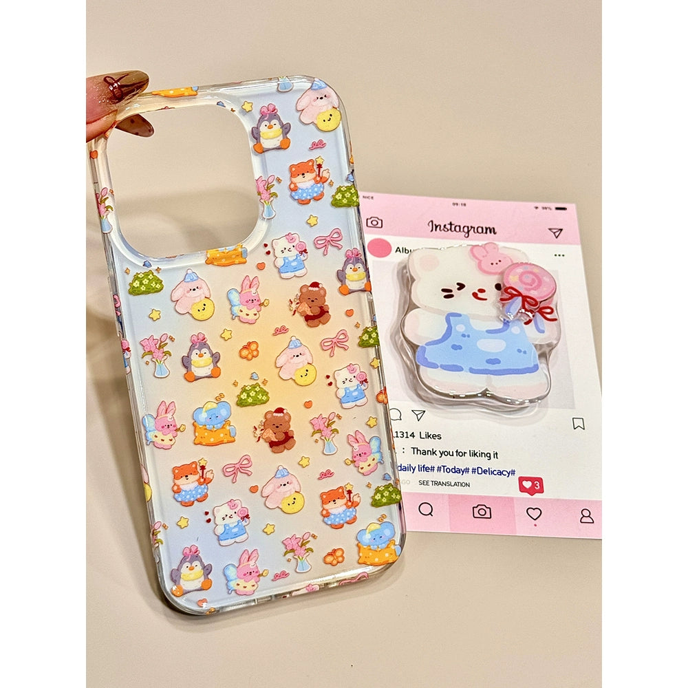 Cute Smudged Small Animal Lollipop Cat Holder Mobile Phone Case Suitable for iPhone16 iPhone15 iPhone14 iPhone13