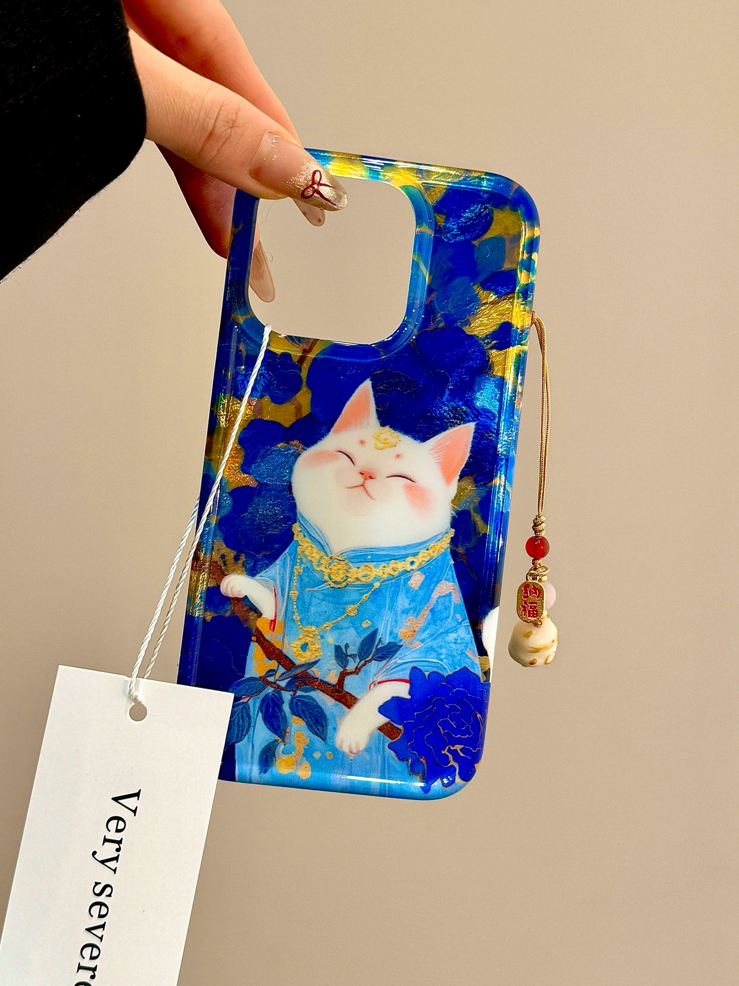 Oil Painting Rich Cat Blue Aesthetic Mobile Phone Case with Mobile Phone Chain Pendant Suitable for iPhone16 iPhone15 iPhone14 iPhone13