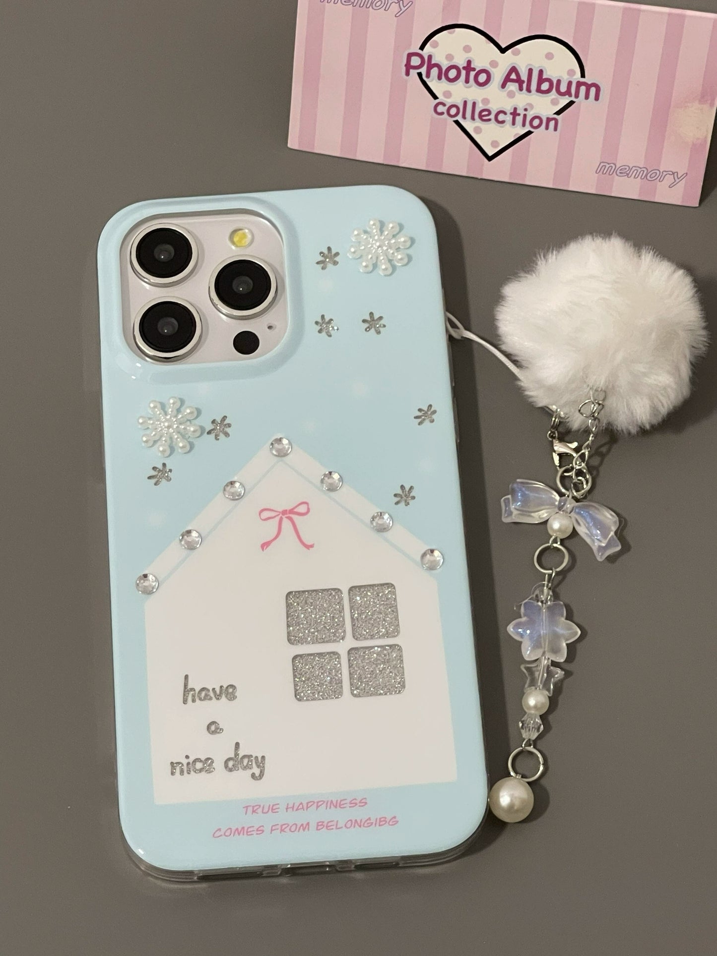 Glitter Diamond Snowflake Small House Cute Aesthetic Mobile Phone Case with Mobile Phone Chain Pendant Suitable for iPhone16 iPhone15 iPhone14 iPhone13