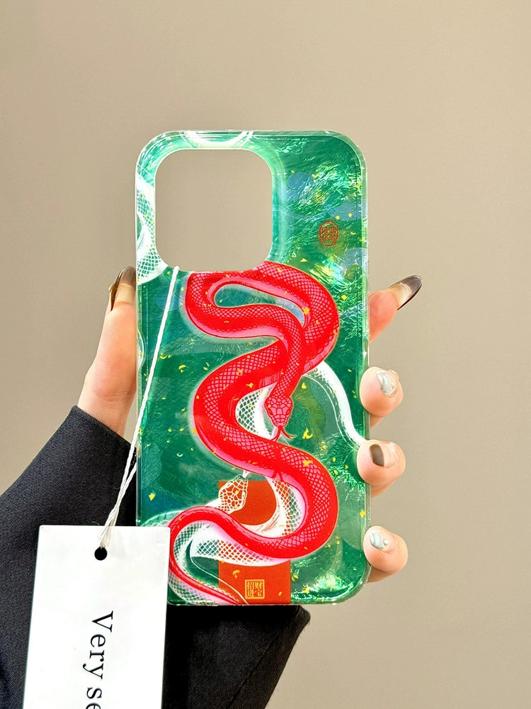 Green Bottom Red Snake Lucky Aesthetic Mobile Phone Case Tinfoil Pattern Mobile Phone Case, Suitable for Apple iPhone16promax iPhone15 iPhone14 iPhone13 Double-layer Chinese Style Spring Festival Mobile Phone Case for The Year of The Snake