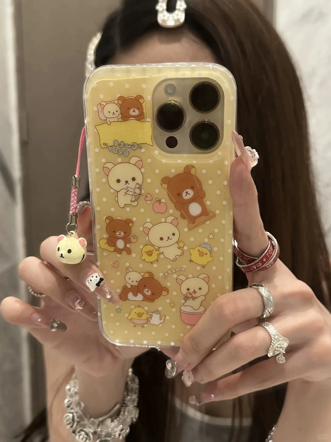 Cute Cartoon Bear Yellow Pink Mobile Phone Case with Mobile Phone Rope Bell Pendant Suitable for iPhone16 iPhone15 iPhone14 iPhone13