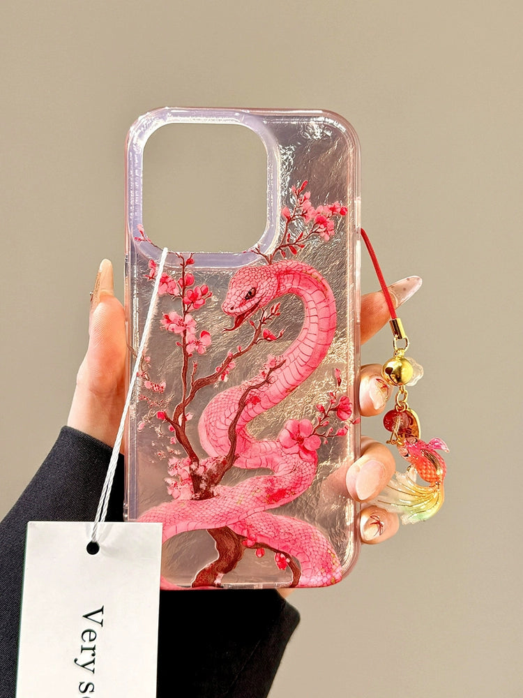 Chinese Style Begonia Pollen Snake Koi Aesthetic Mobile Phone Case with Mobile Phone Chain Pendant Suitable for iPhone16 iPhone15 iPhone14 iPhone13