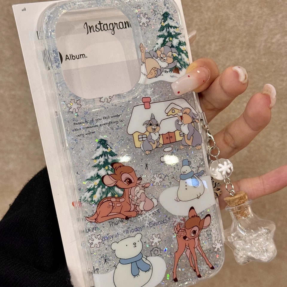 Winter Rabbit and Deer Snowman Snowflake Pine Glitter Aesthetics Cute Mobile Phone Case with Mobile Phone Chain Pendant Suitable for iPhone16 iPhone15 iPhone14 iPhone13