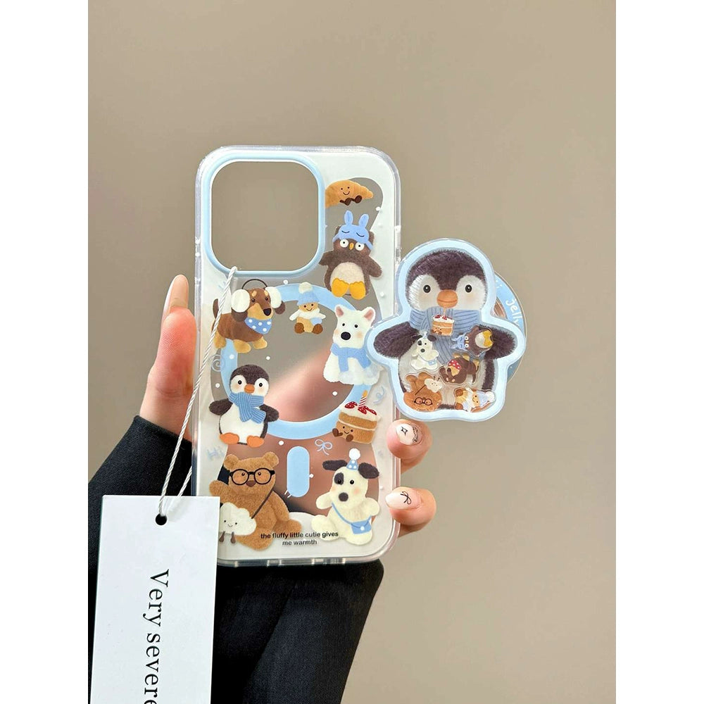 Cute Little Animal Penguin Mobile Magnetic Bracket Mobile Phone Case Suitable for iPhone16 iPhone15 iPhone14 iPhone13