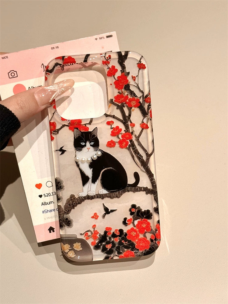 Plum Blossom Branch Small Black Cat Illustration Cute Aesthetic Phone Case Suitable for iPhone16 iPhone15 iPhone14 iPhone13