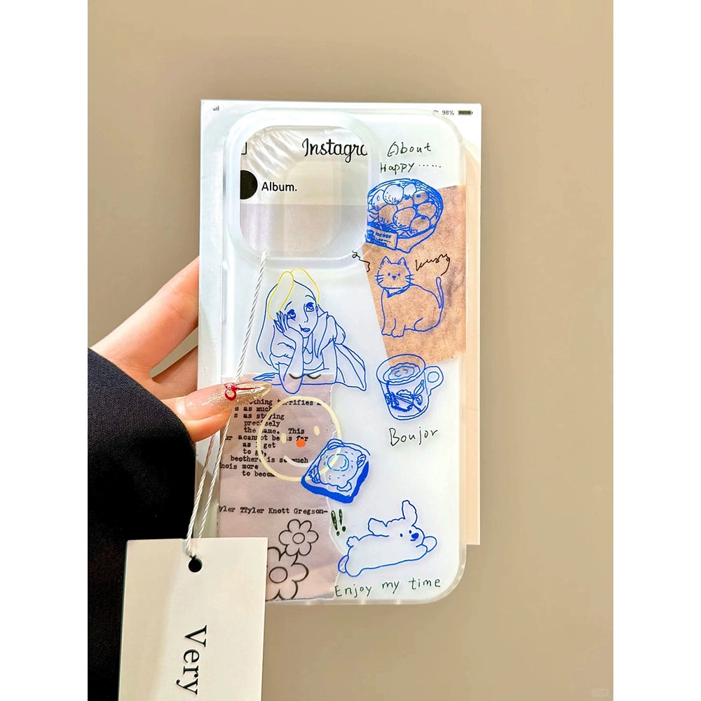 Blue Line Cat Girl Illustration Cute Phone Case Suitable for iPhone16 iPhone15 iPhone14 iPhone13