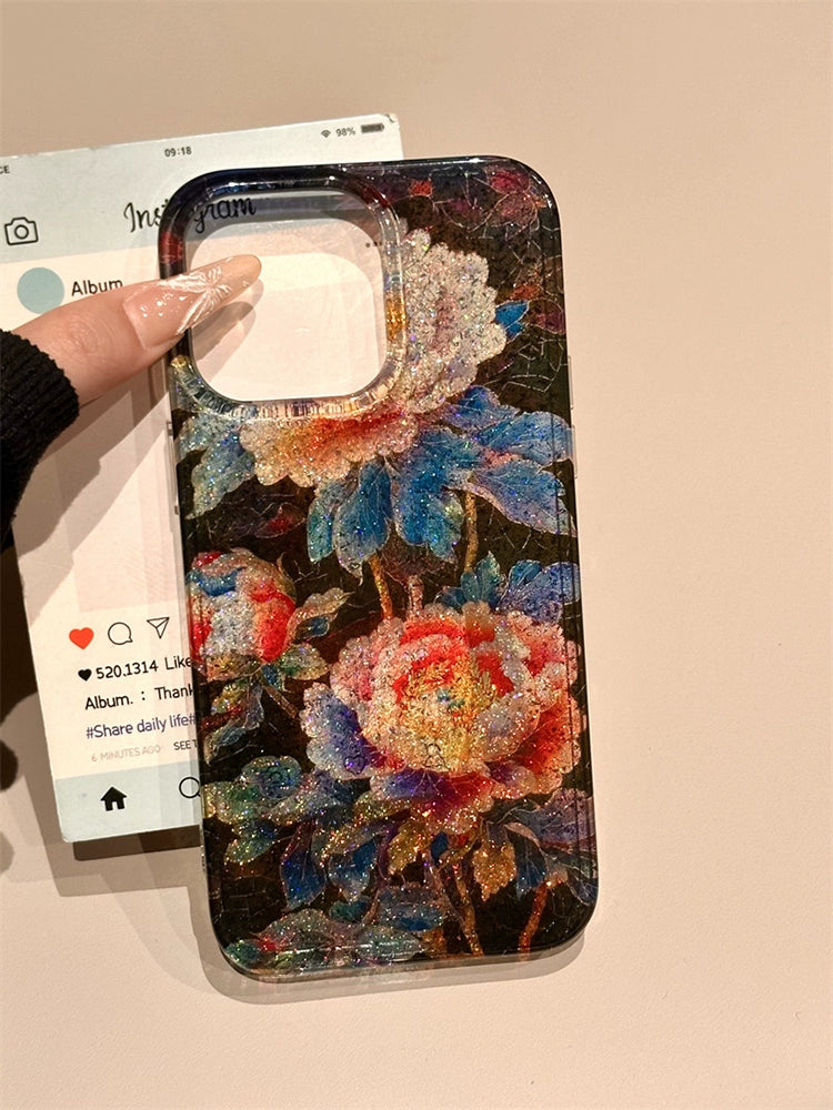 Glitter Color Flowers Illustration Retro Aesthetic Phone Case Suitable for iPhone16 iPhone15 iPhone14 iPhone13