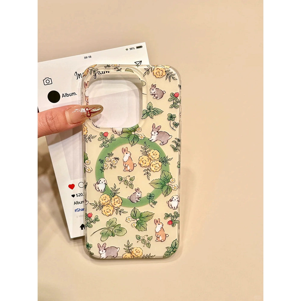 Flower Rabbit Magnetic Holder Pastoral Style Cute Aesthetic Mobile Phone Case Suitable for iPhone16 iPhone15 iPhone14 iPhone13