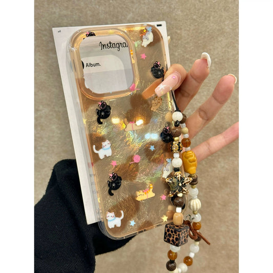 Tin Foil Pattern Brown Love Cat Cute Aesthetic Mobile Phone Case with Mobile Phone Chain Pendant Suitable for iPhone16 iPhone15 iPhone14 iPhone13