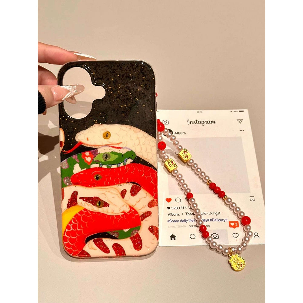 Black Background Glitter Color Python Lucky Aesthetic Mobile Phone Case Suitable for iPhone16 iPhone15 iPhone14 iPhone13